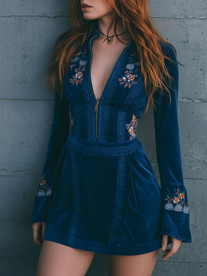 Blue Velvet Bohemian Mini Dress with Zipper and Lace Details