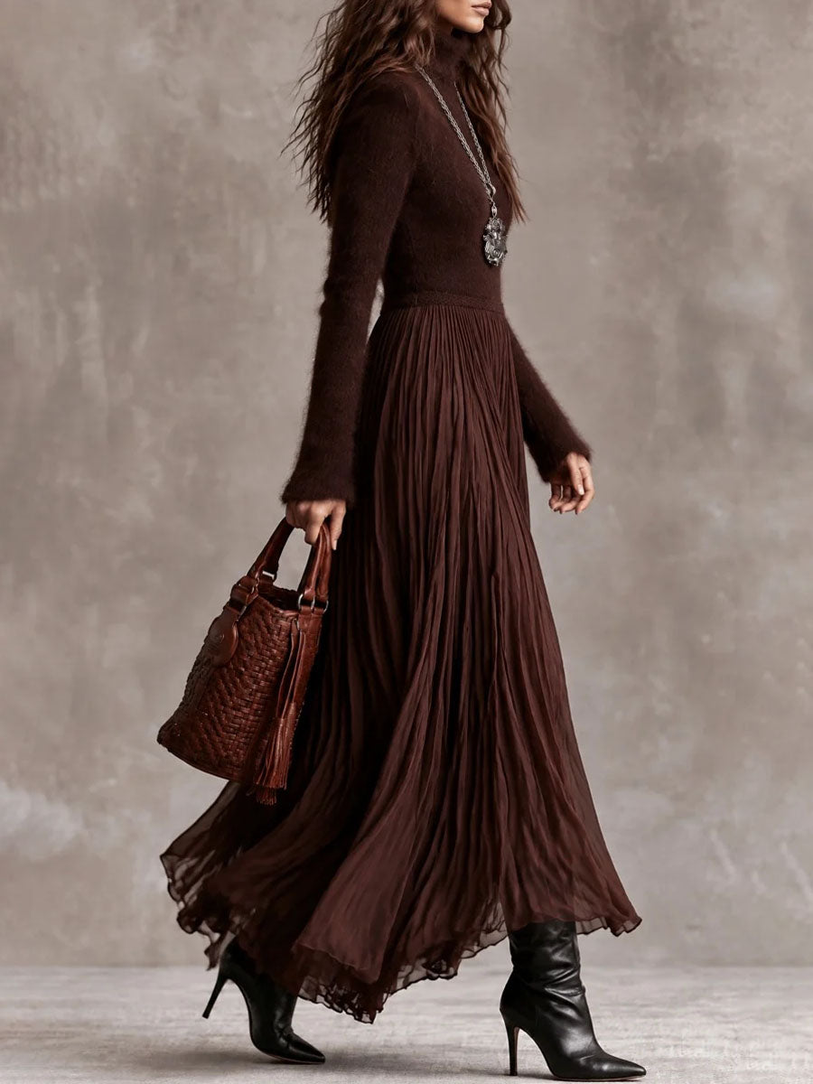 Chocolate Bohemian Knit Maxi Dress with Pleated Satin Skirt