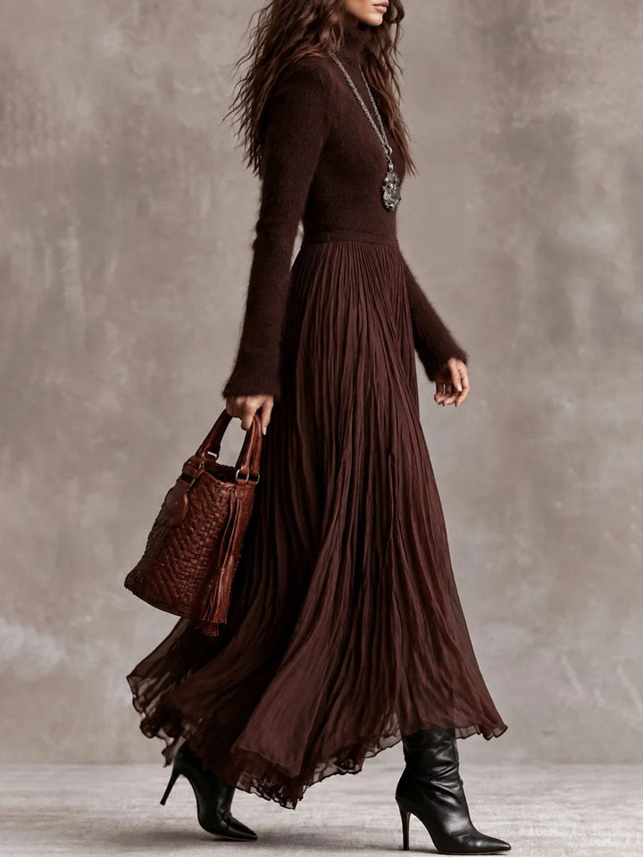 Chocolate Bohemian Knit Maxi Dress with Pleated Satin Skirt