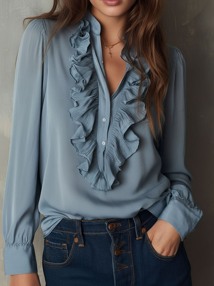 Dark Blue Striped Satin Blouse with Button Details