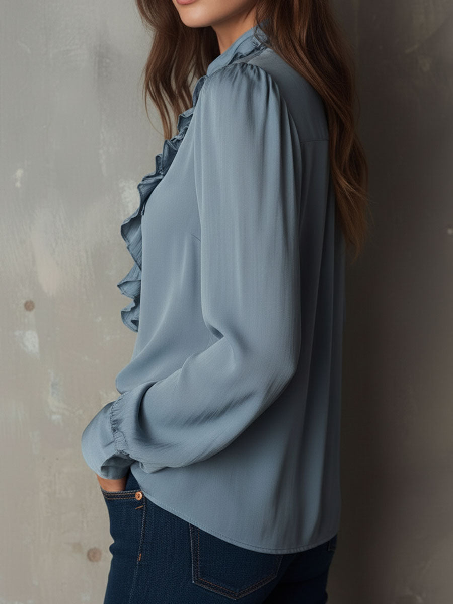 Dark Blue Striped Satin Blouse with Button Details
