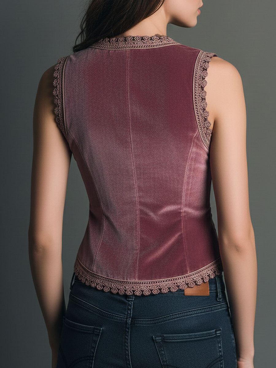 Vintage Dusty Rose Velvet Vest with Lace Trim and Embroidery