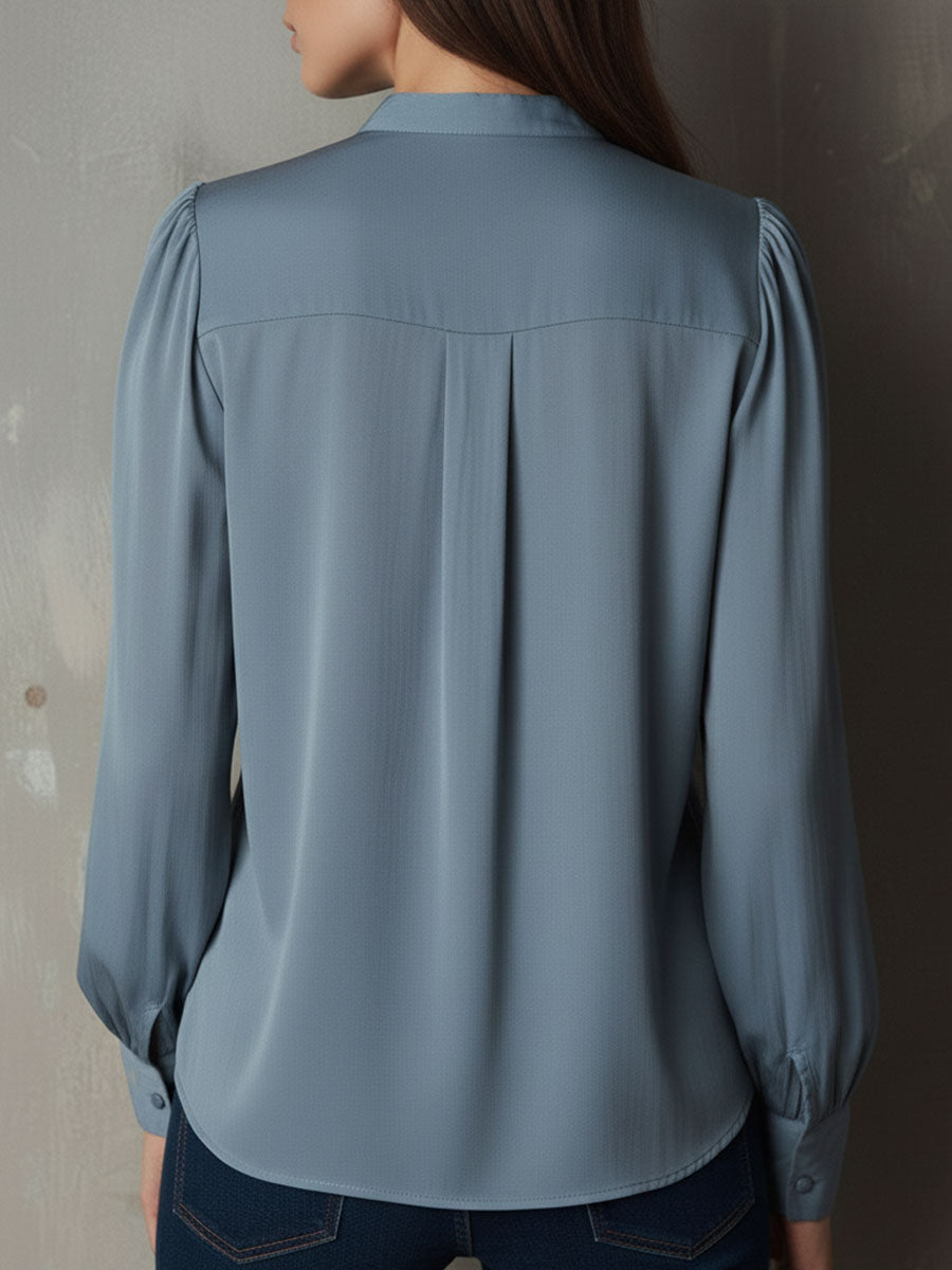 Dark Blue Striped Satin Blouse with Button Details