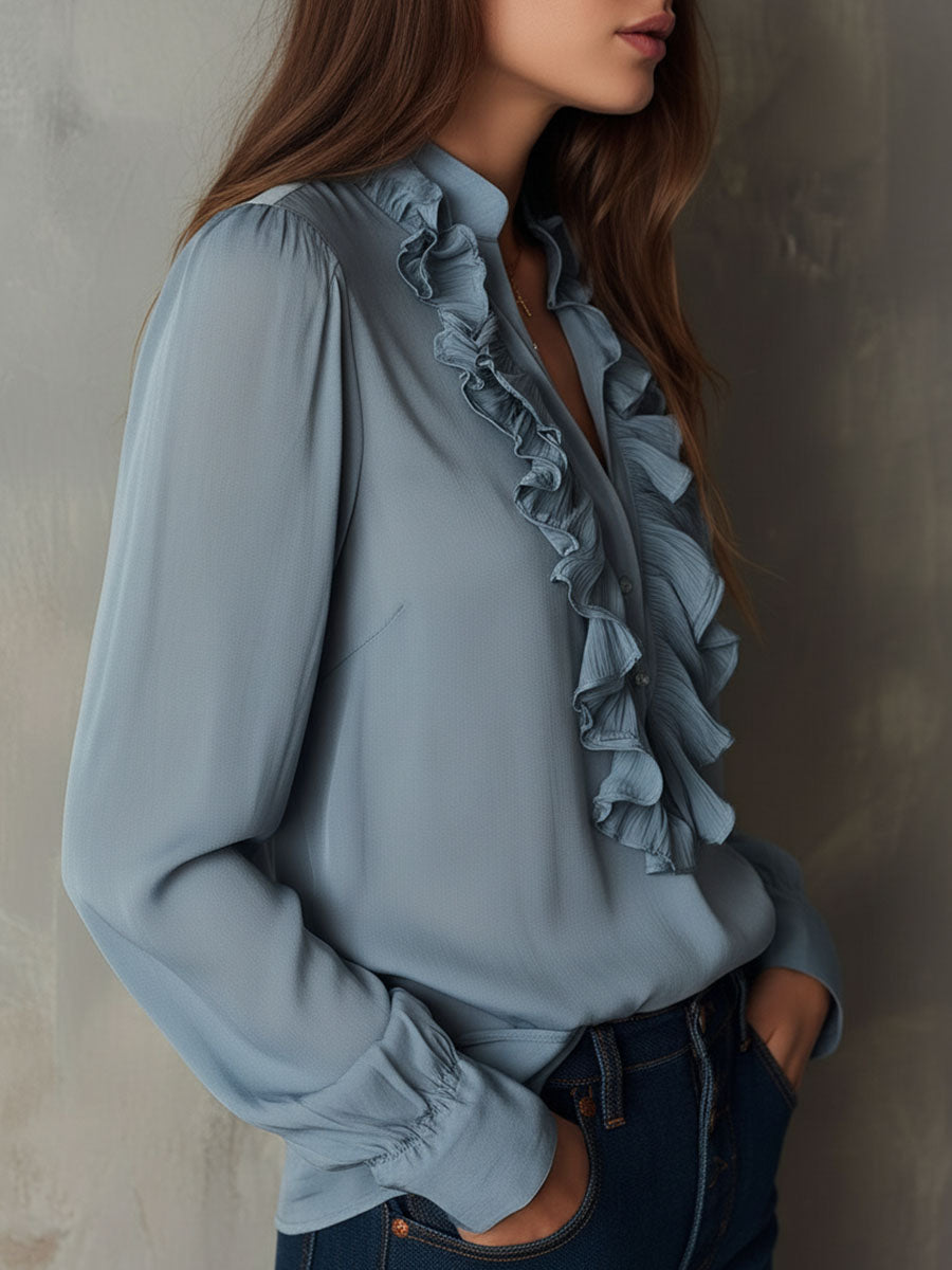 Dark Blue Striped Satin Blouse with Button Details