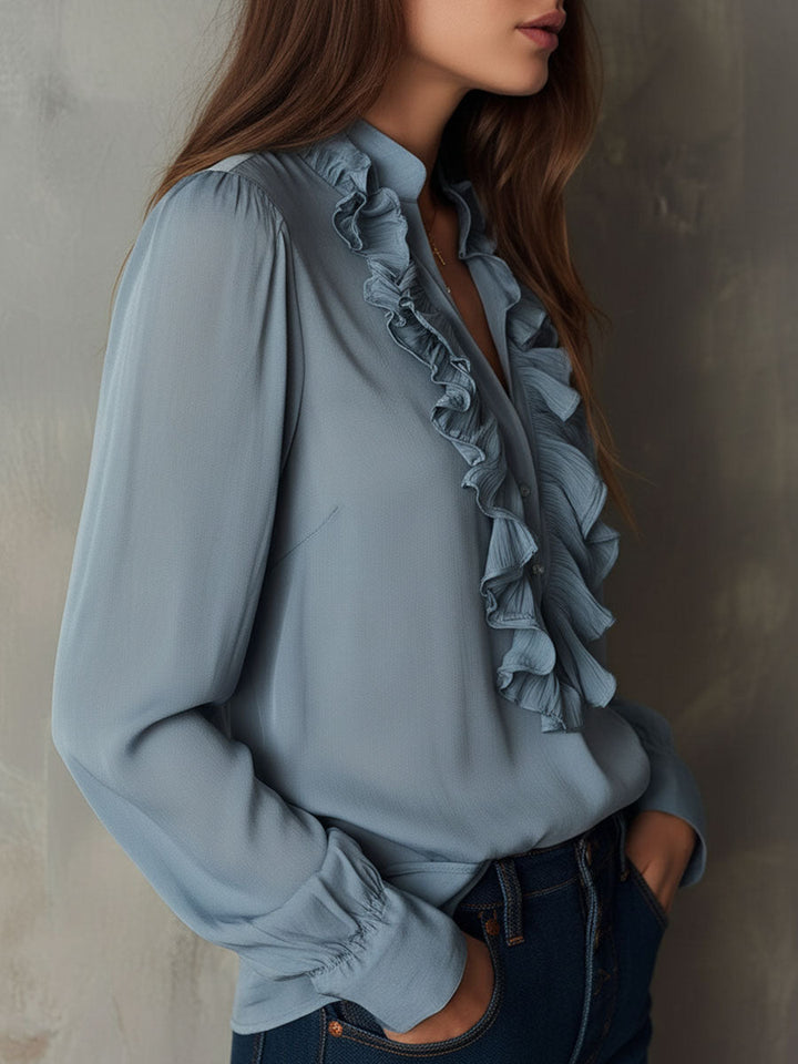 Dark Blue Striped Satin Blouse with Button Details