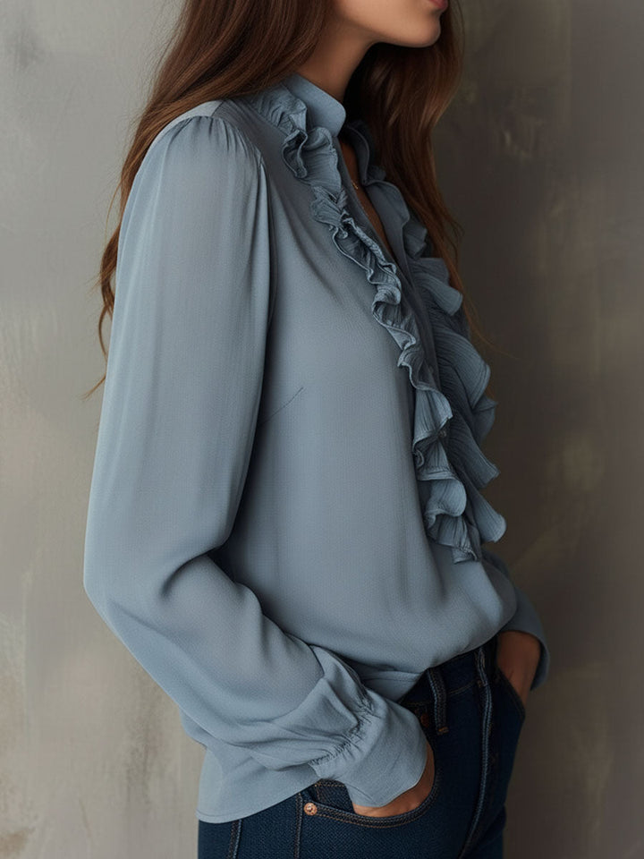 Dark Blue Striped Satin Blouse with Button Details