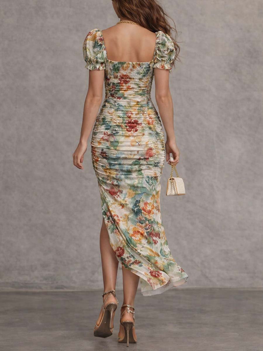 Vintage-Inspired Floral Midi Dress with Square Neckline