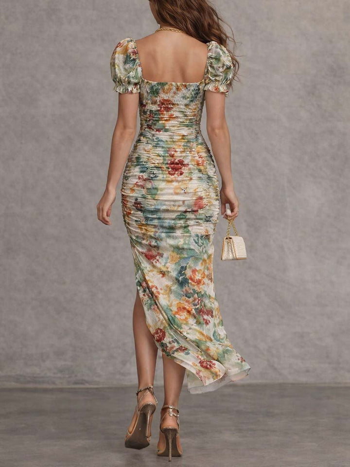 Vintage-Inspired Floral Midi Dress with Square Neckline