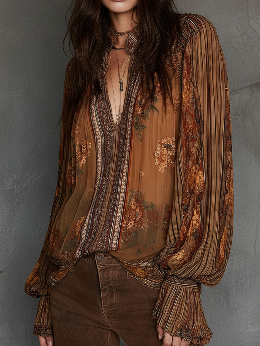 Retro Bohemian Sheer Floral Blouse with Puff Sleeves