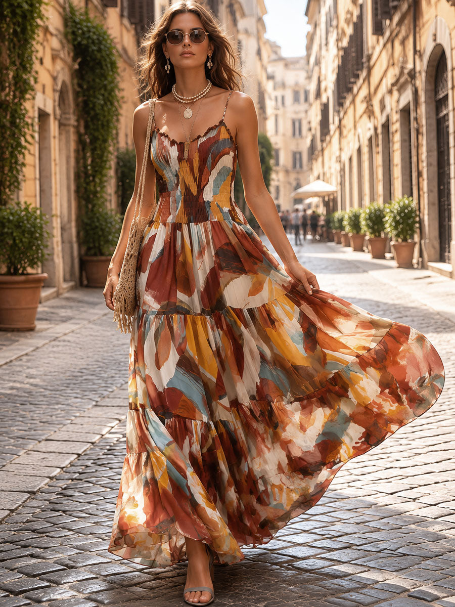 Vibrant Abstract Boho Maxi Dress with Ruched Bust Detail