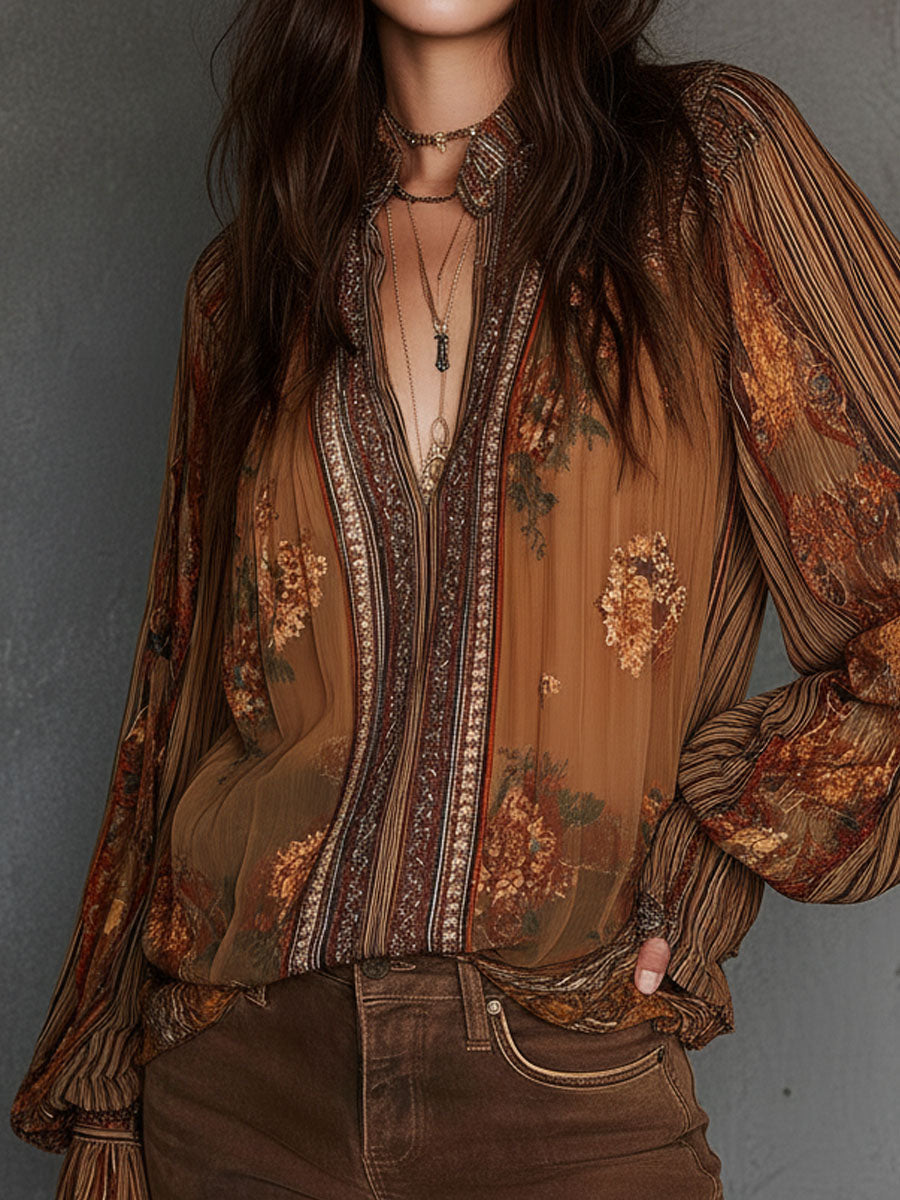 Retro Bohemian Sheer Floral Blouse with Puff Sleeves