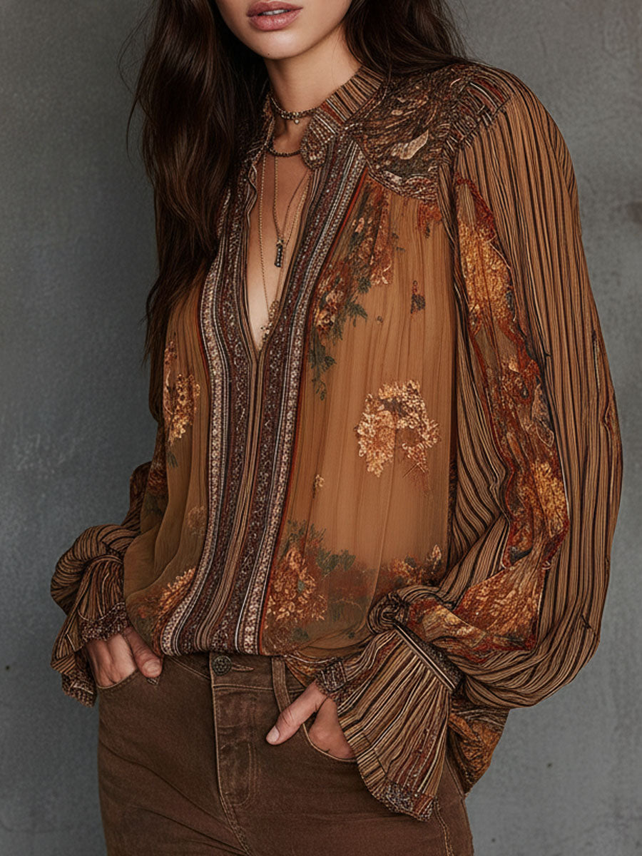 Retro Bohemian Sheer Floral Blouse with Puff Sleeves