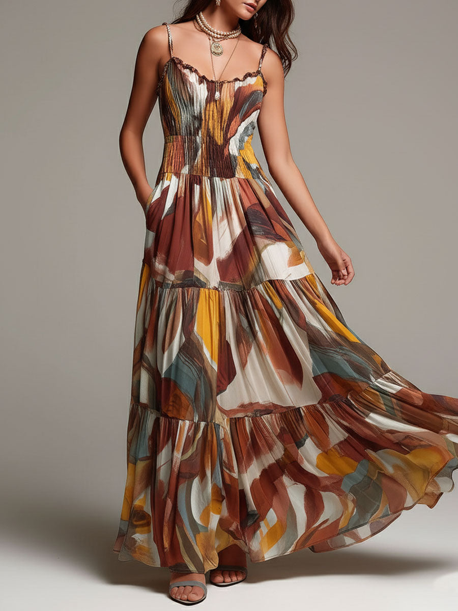 Vibrant Abstract Boho Maxi Dress with Ruched Bust Detail