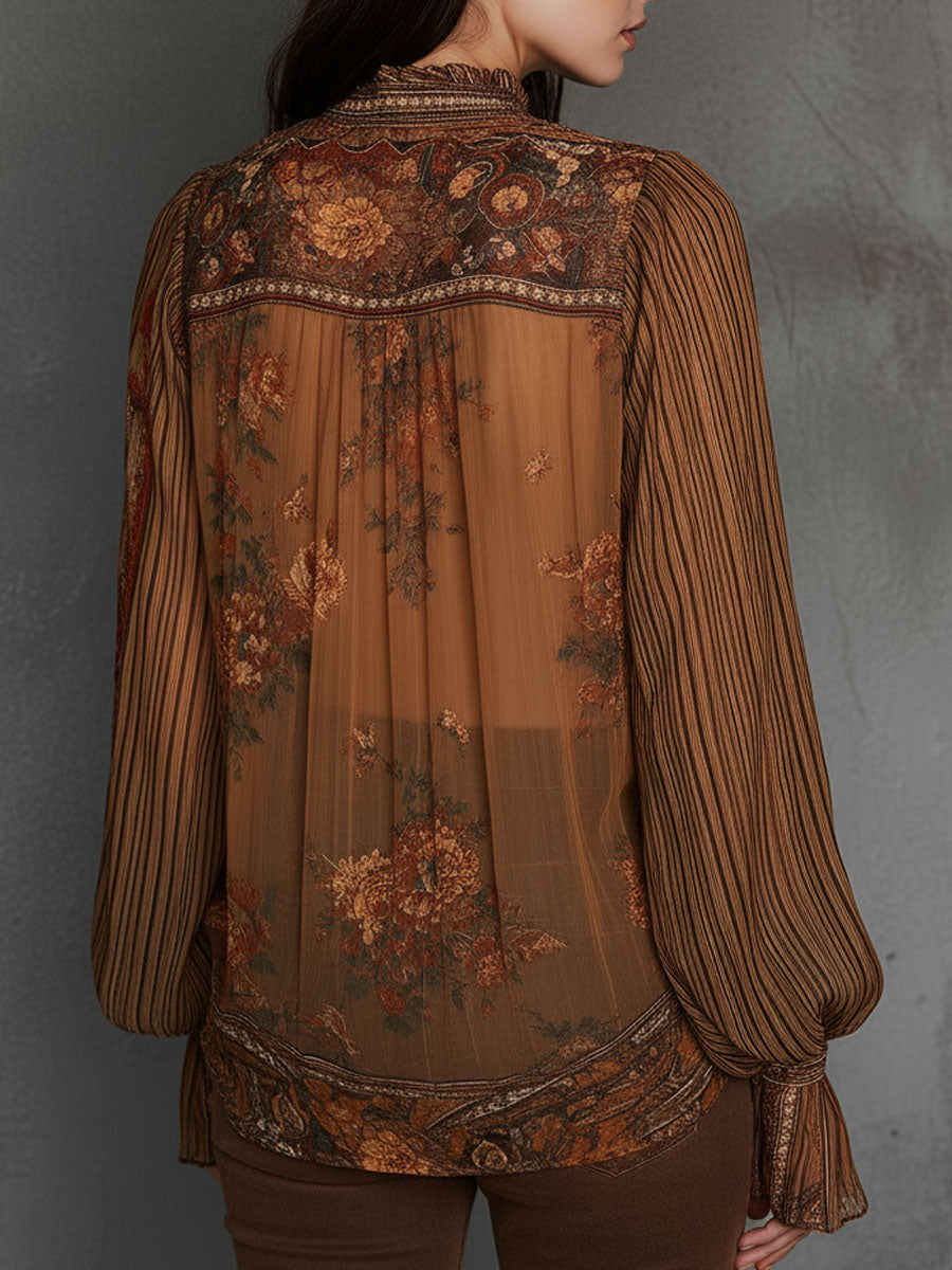 Retro Bohemian Sheer Floral Blouse with Puff Sleeves