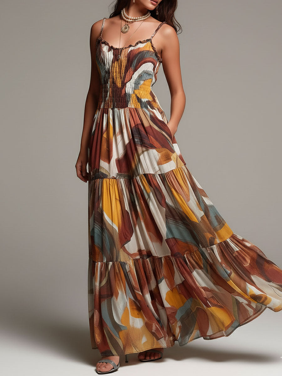 Vibrant Abstract Boho Maxi Dress with Ruched Bust Detail