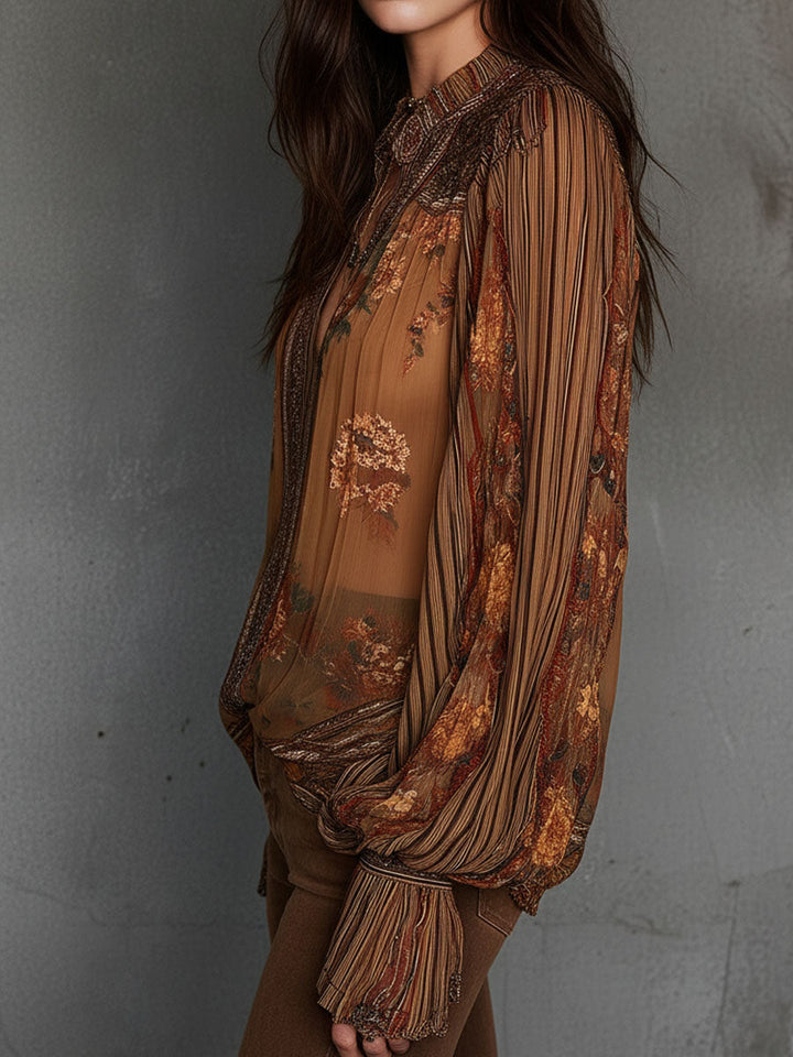 Retro Bohemian Sheer Floral Blouse with Puff Sleeves