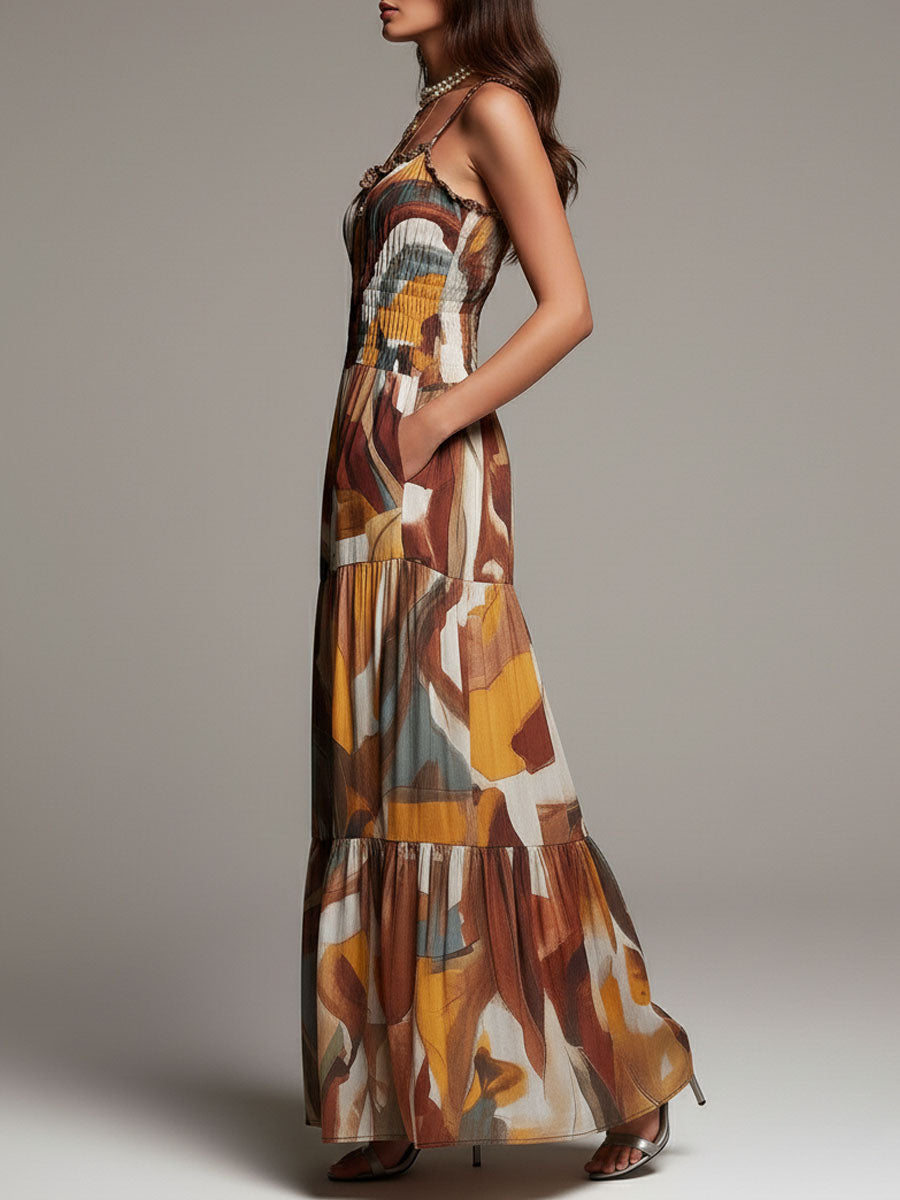 Vibrant Abstract Boho Maxi Dress with Ruched Bust Detail