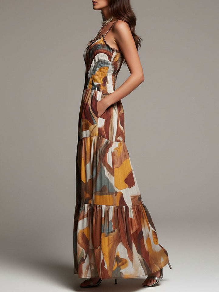 Vibrant Abstract Boho Maxi Dress with Ruched Bust Detail