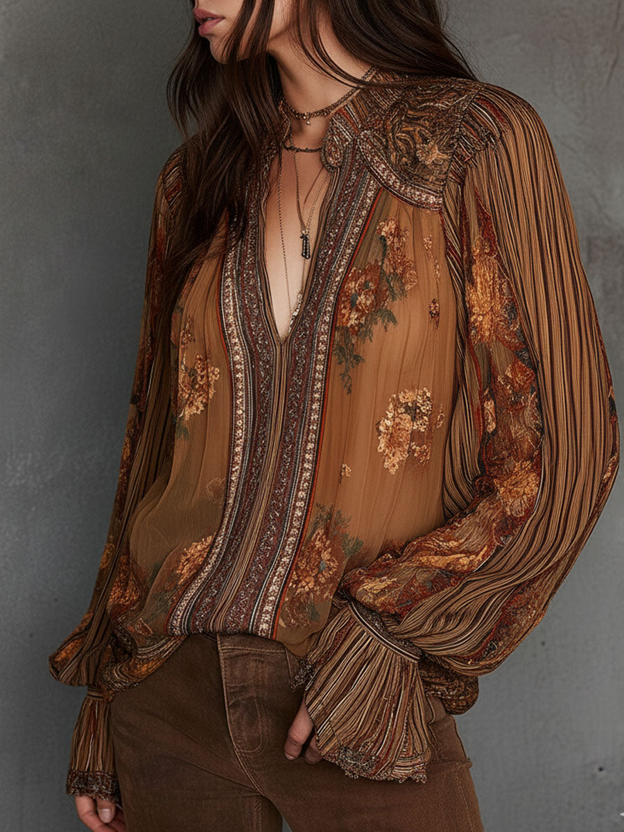 Retro Bohemian Sheer Floral Blouse with Puff Sleeves
