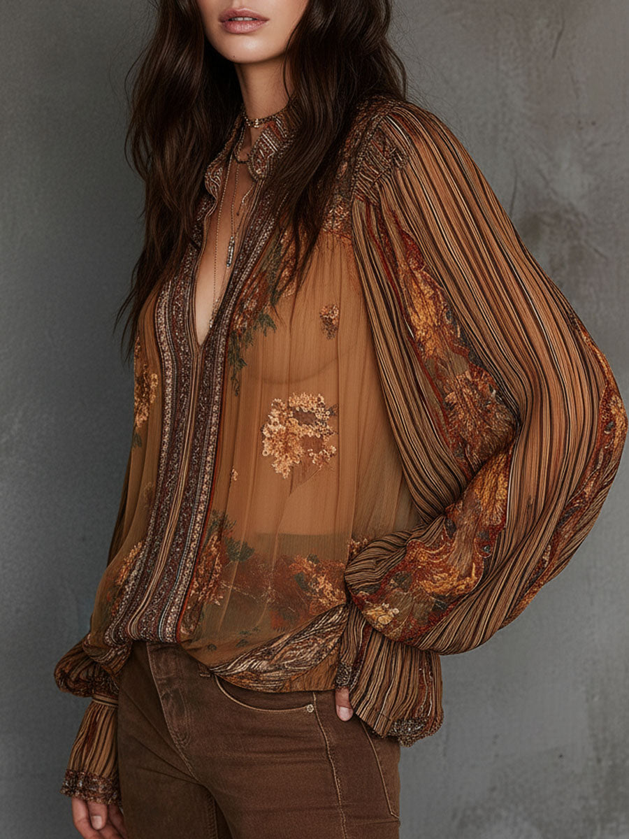 Retro Bohemian Sheer Floral Blouse with Puff Sleeves