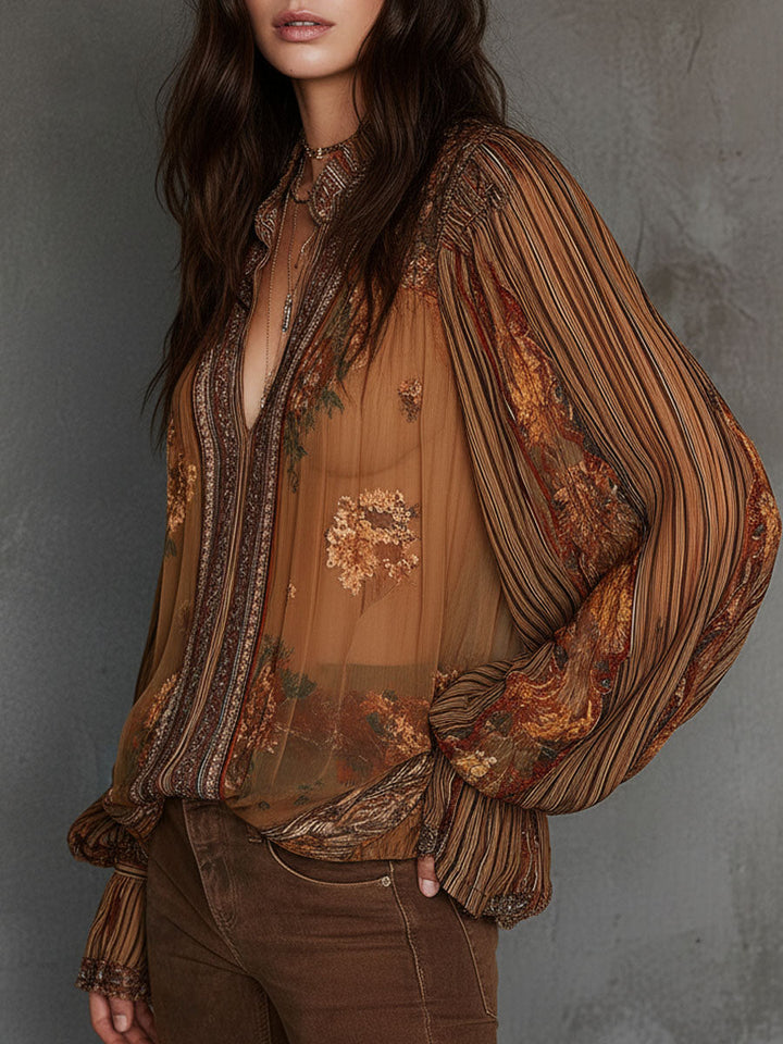 Retro Bohemian Sheer Floral Blouse with Puff Sleeves