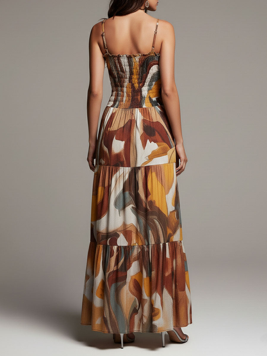 Vibrant Abstract Boho Maxi Dress with Ruched Bust Detail