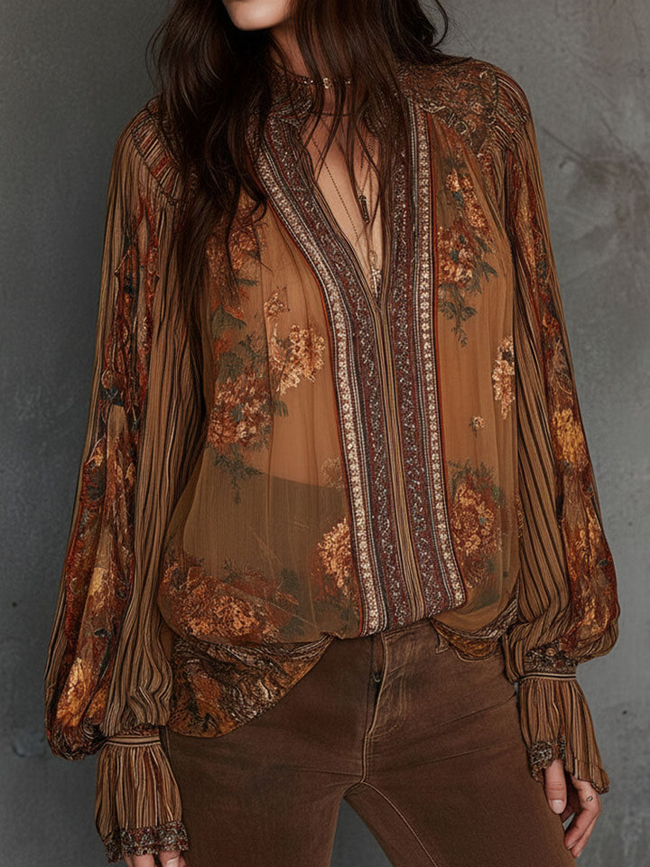 Retro Bohemian Sheer Floral Blouse with Puff Sleeves