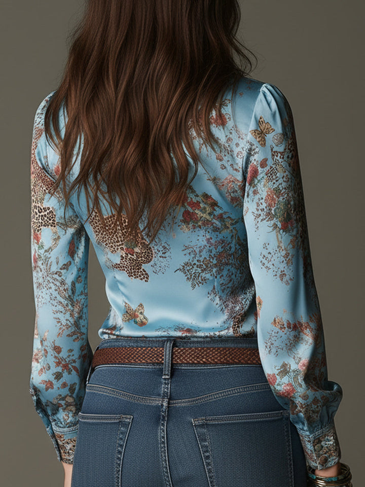 Chic Leopard Print Satin Top with Front Zip Closure