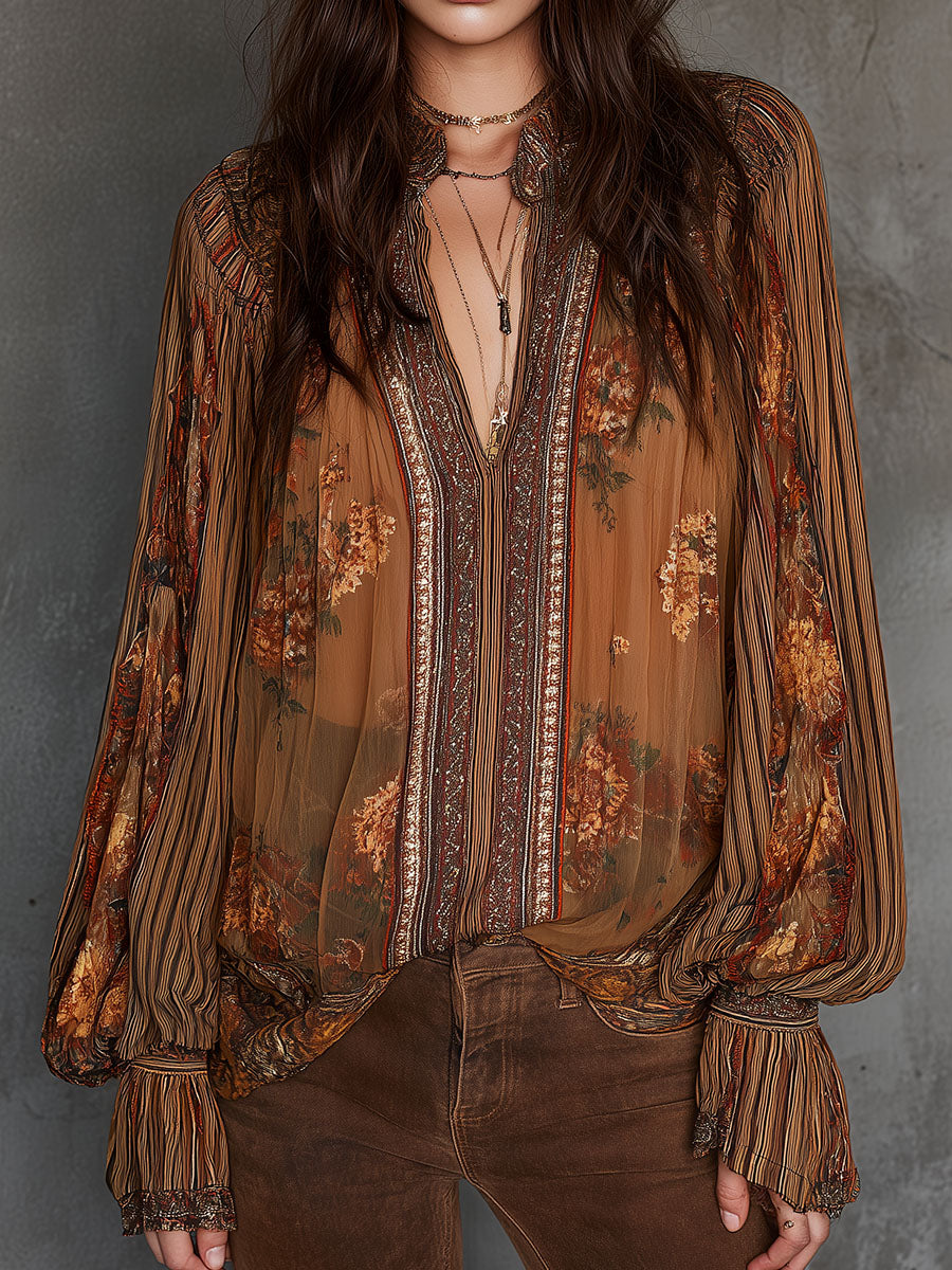 Retro Bohemian Sheer Floral Blouse with Puff Sleeves