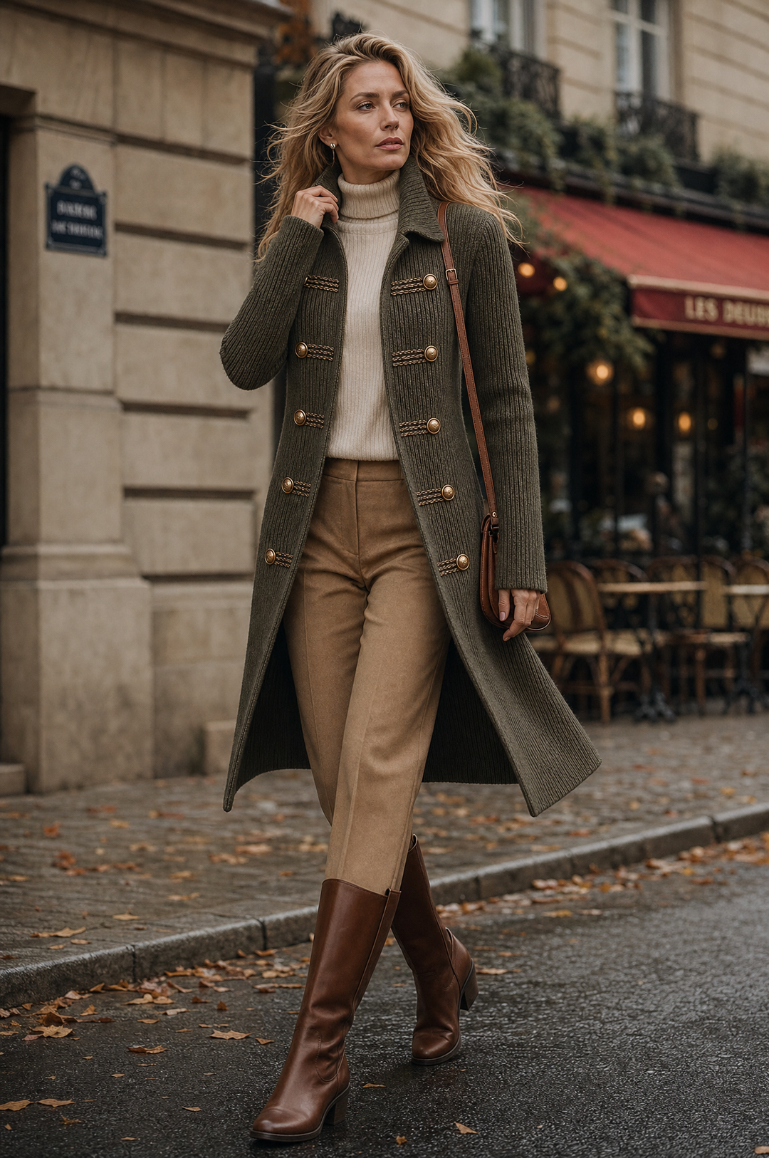 Military-Inspired Long Cardigan with Knit Fabric and Decorative Buttons