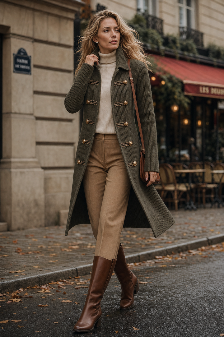 Military-Inspired Long Cardigan with Knit Fabric and Decorative Buttons