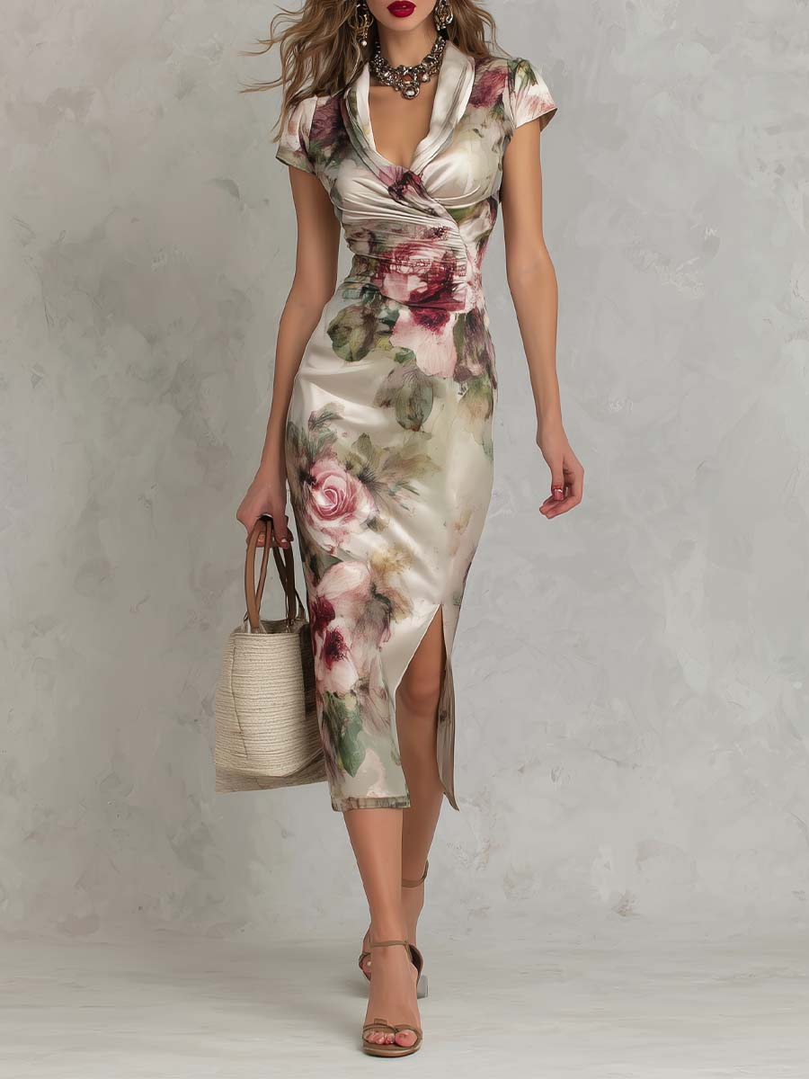 Floral Print Midi Satin Dress with Side Slit