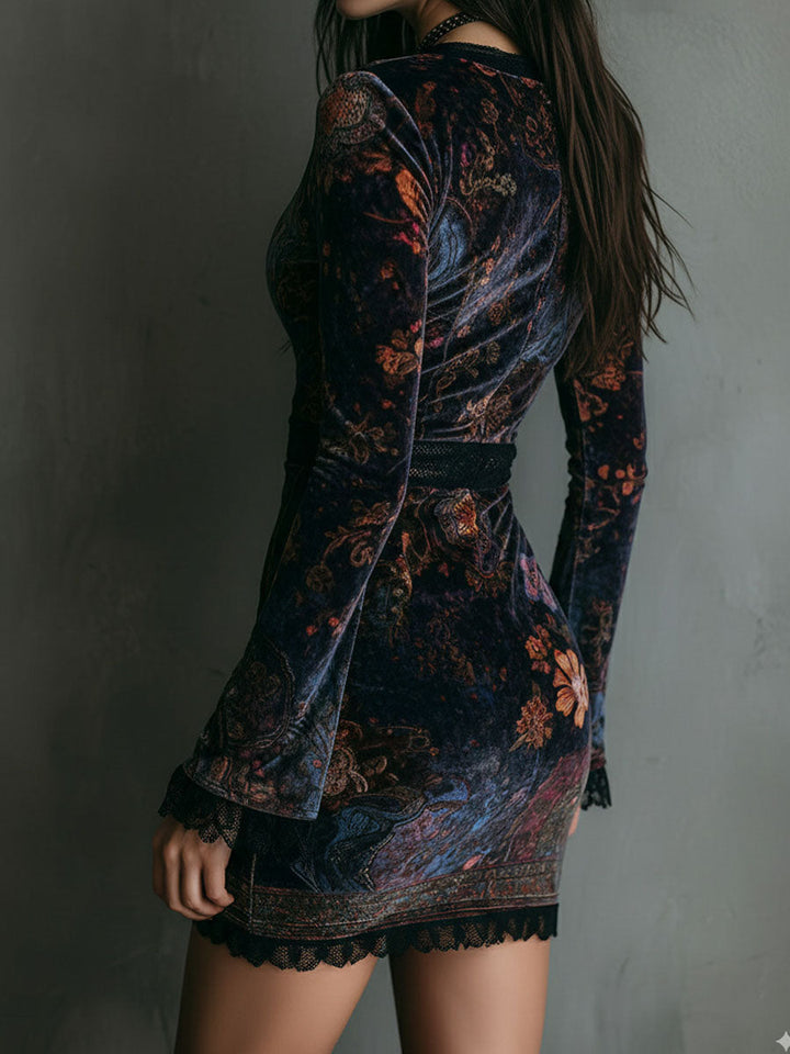 Floral Velvet V-Neck Lace Bodycon Mini Dress