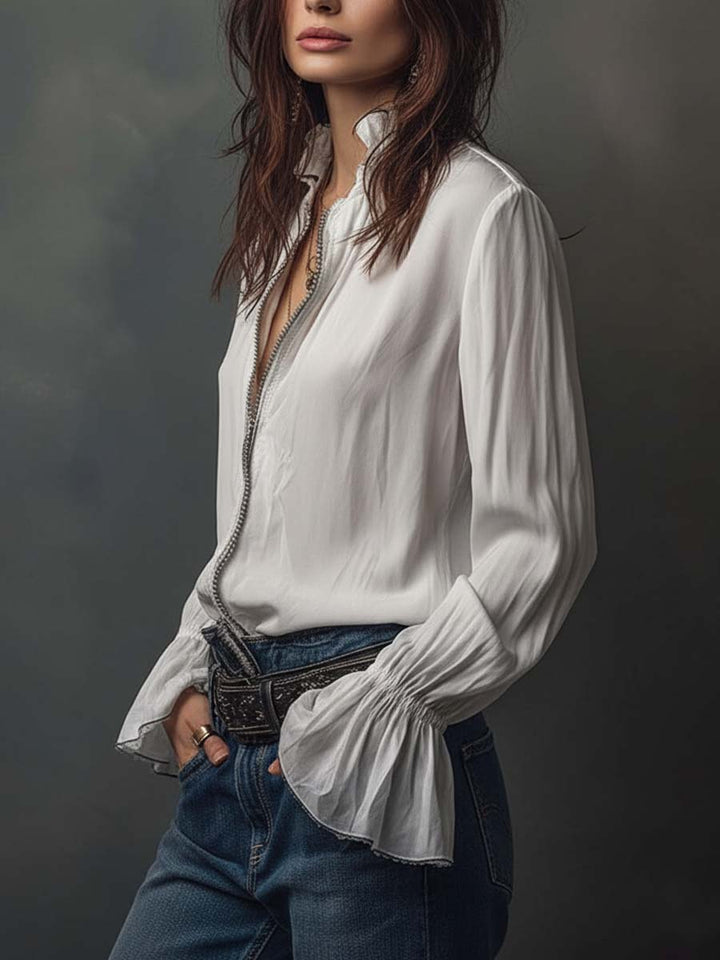 White Puff Sleeve Blouse with Zip Detail
