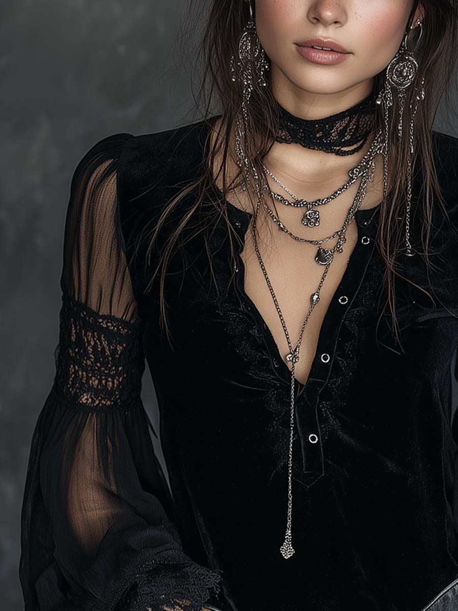 Retro Velvet Blouse with Henley Collar, Sheer Sleeves, and Lace Detailing