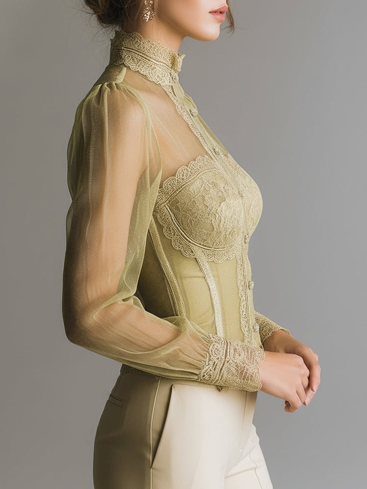 Charming Lace and Mesh Bustier Blouse
