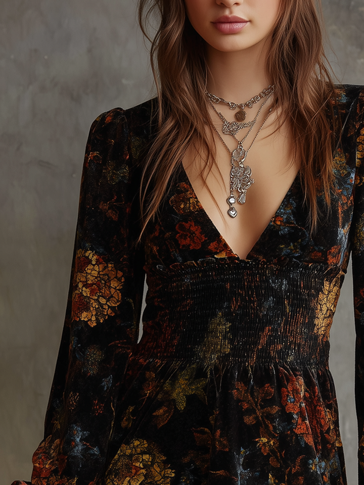 Vintage-Inspired Velvet Mini Dress with Pleated Waist and Floral Design