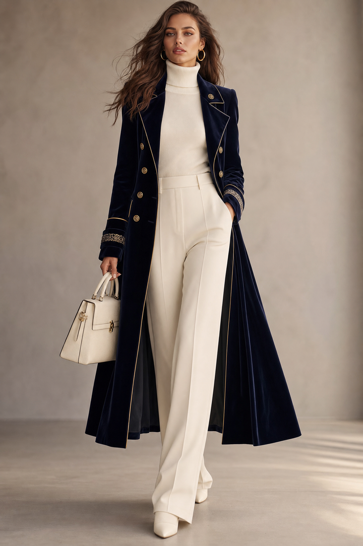 Navy Long Coat with Velvet Sleeves and Double Embroidery, Featuring Elegant Gold Accents