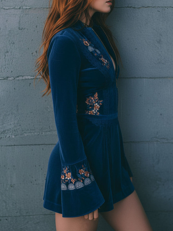 Blue Velvet Bohemian Mini Dress with Zipper and Lace Details