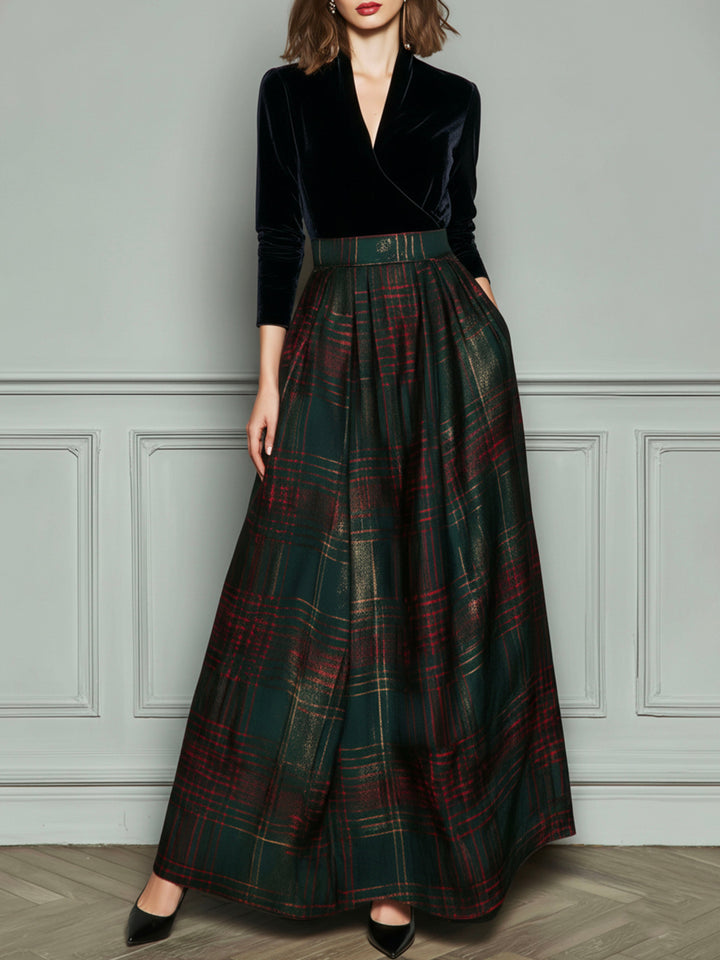 Chic High-Waisted Velvet Evening Gown with Checkered Design and Flared Skirt