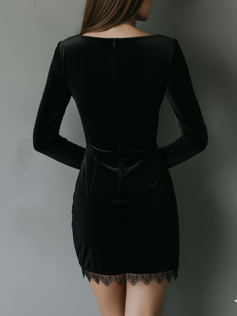 Chic Black Velvet Lace-Trim Mini Dress