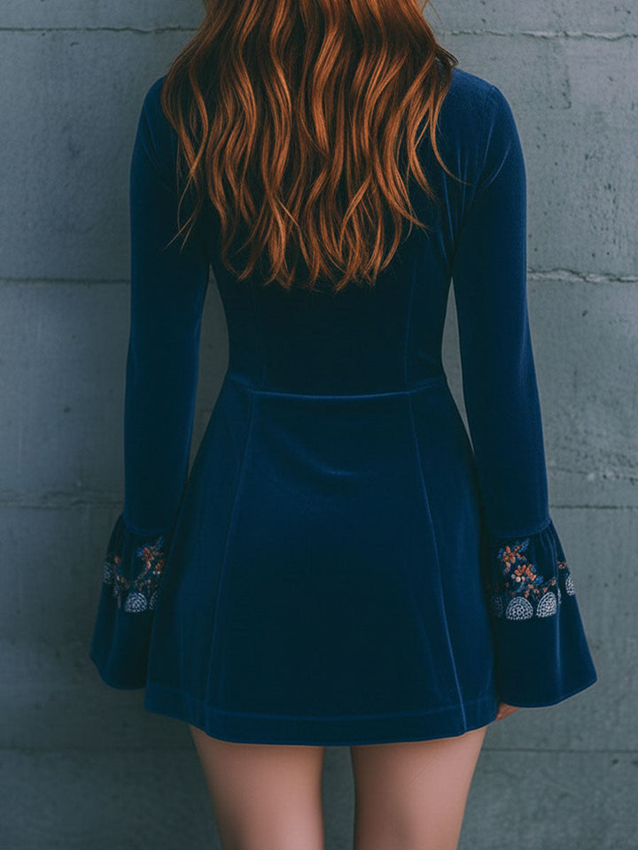 Blue Velvet Bohemian Mini Dress with Zipper and Lace Details