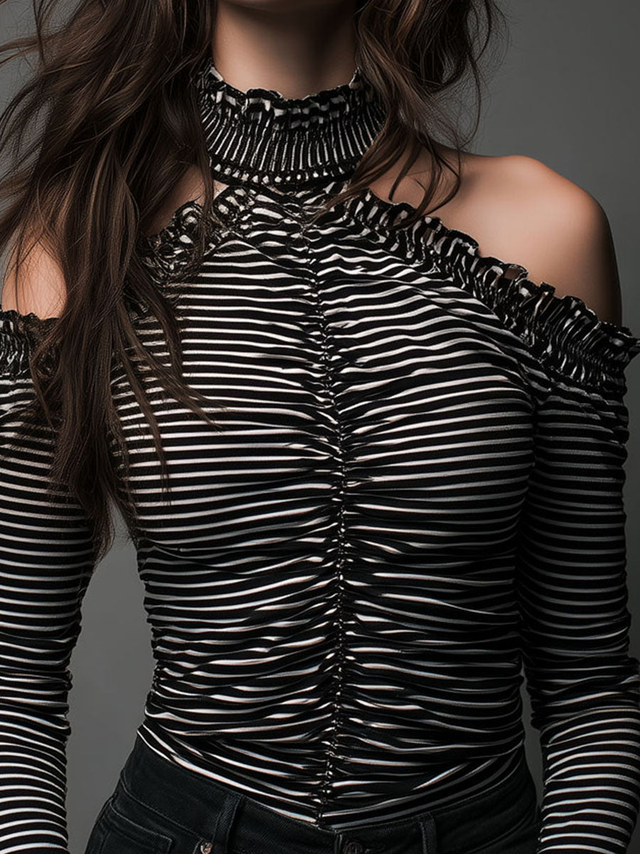 Classic Striped High Neck Top with Open Shoulder Design