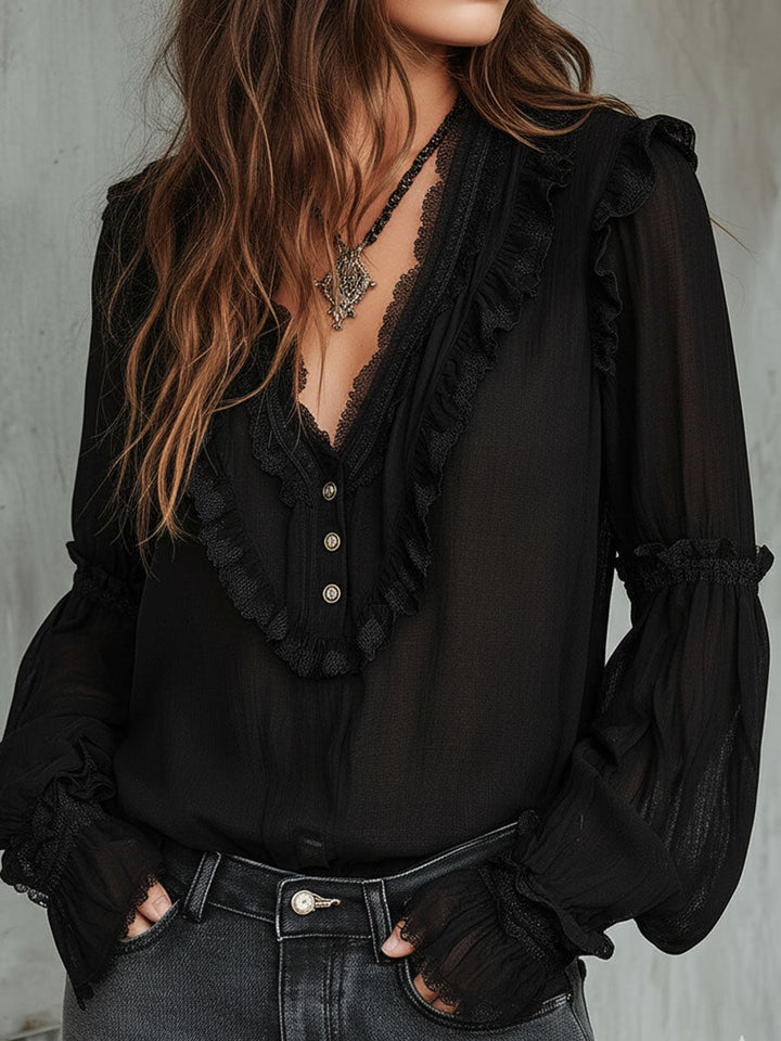 Retro Black Striped Blouse with Long Lace Sleeves