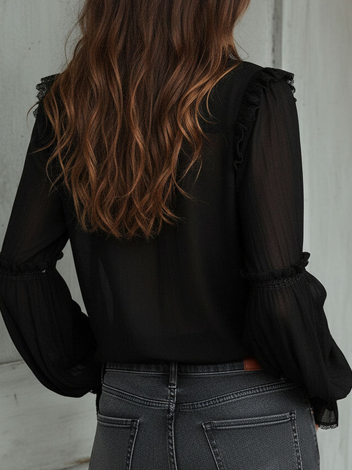 Retro Black Striped Blouse with Long Lace Sleeves