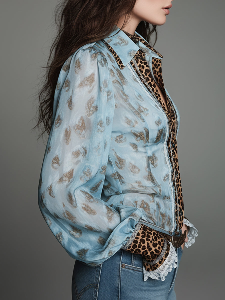 Vintage-Inspired Leopard Print Lace-Trimmed Short Sleeve Top