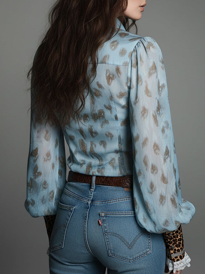 Vintage-Inspired Leopard Print Lace-Trimmed Short Sleeve Top