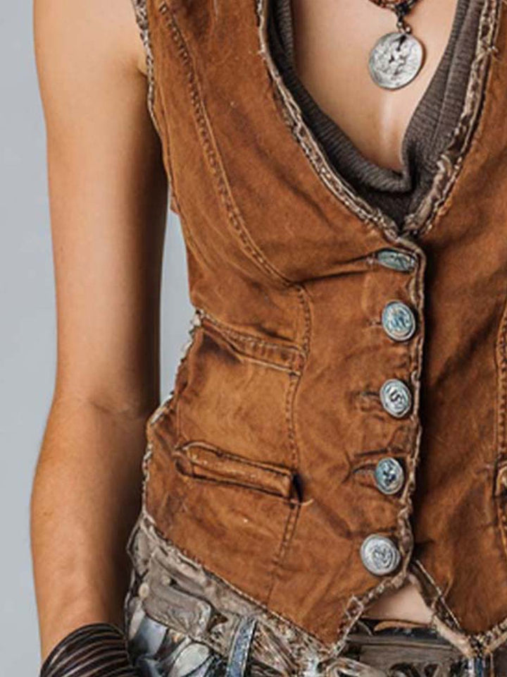 Shiny Caramel Denim Vest with Decorative Stitching and Gold Accents