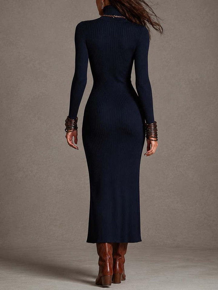 Navy Bodycon Mini Dress with Striped Knit, High Neck, Keyhole Detail, Side Zip, and Split
