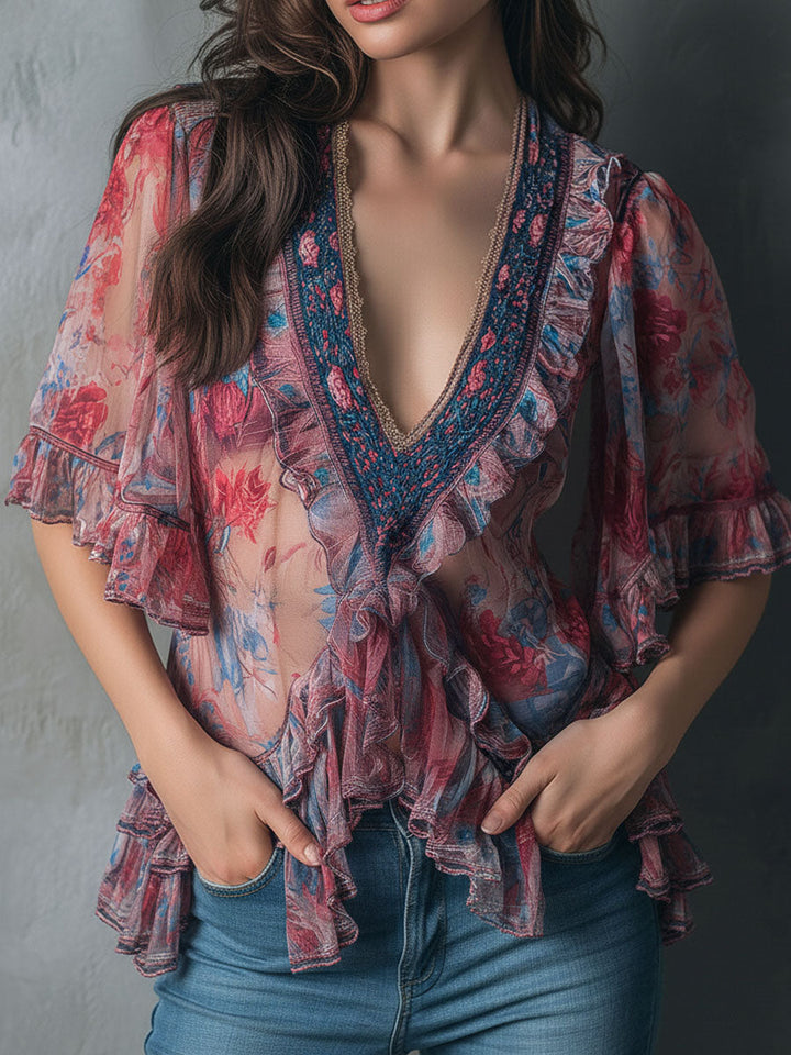 Bohemian V-Neck Blouse with Sheer Floral Details